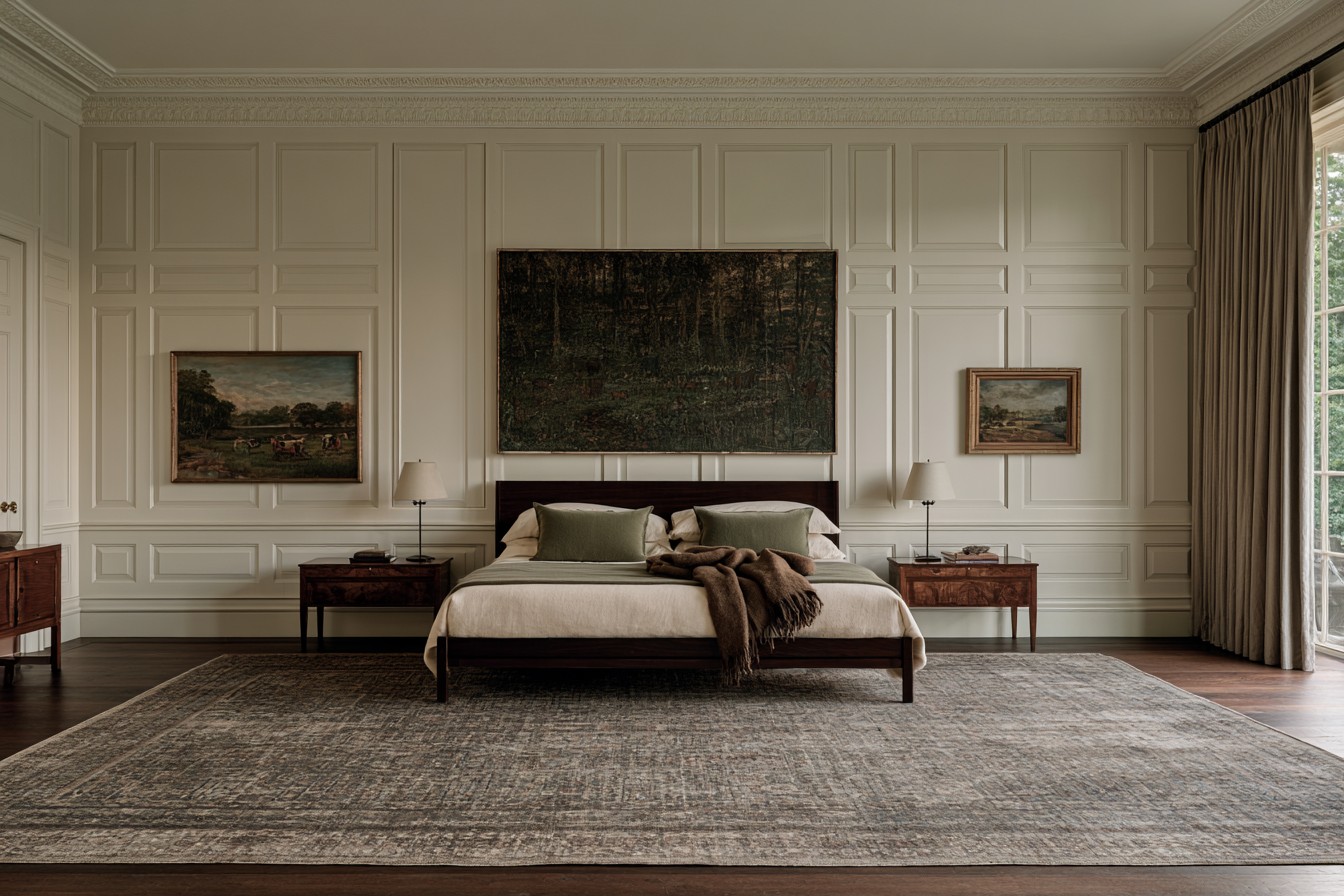 Decorative wall molding behind a traditional bedroom