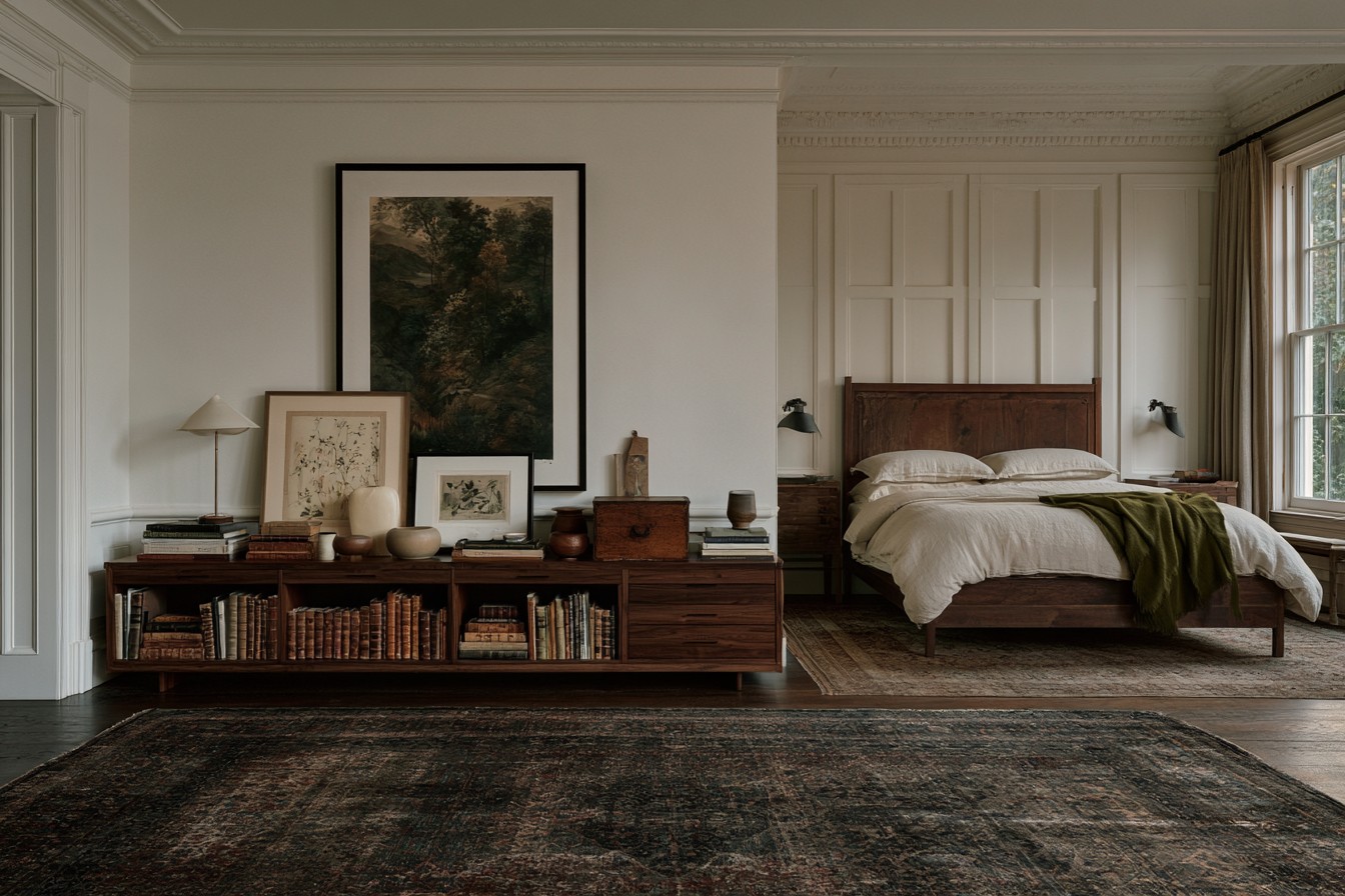 Curated books and personal objects displayed in a traditional bedroom