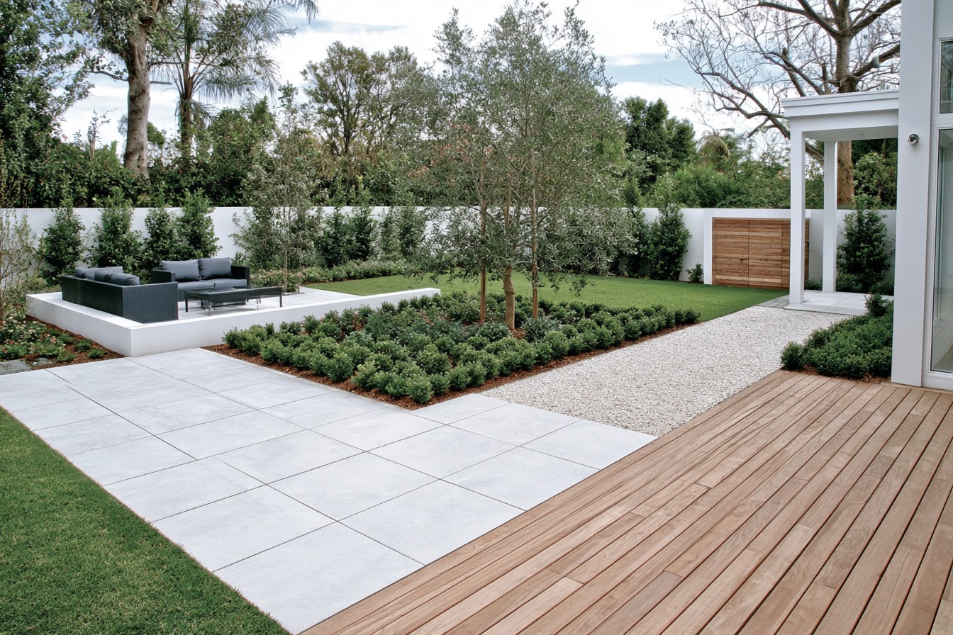 Minimalist garden divided into planting seating and circulation zones
