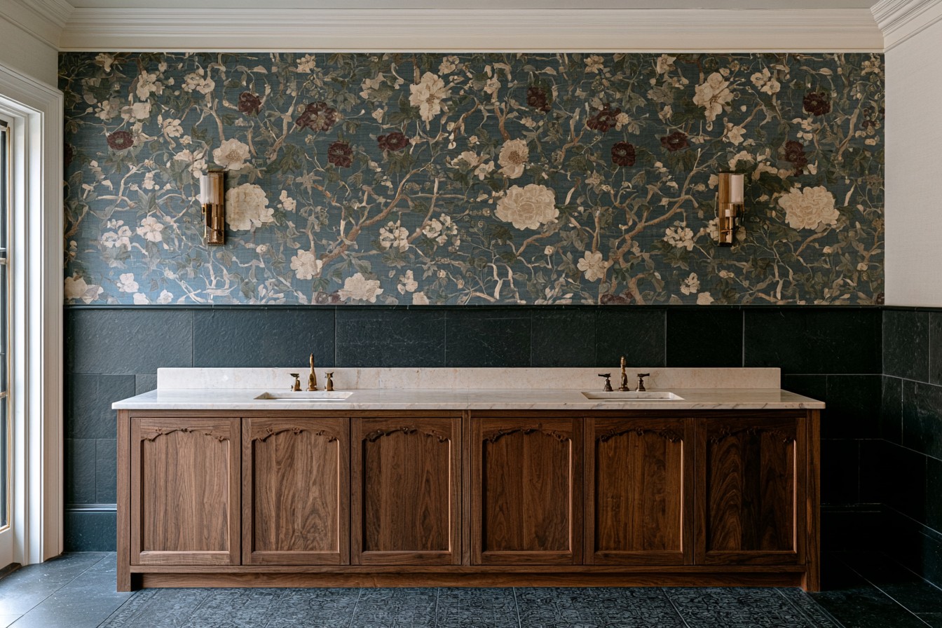 Dark botanical wallpaper used as a Gothic bathroom accent