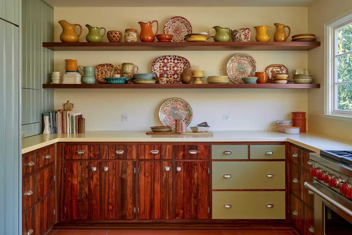 Retro kitchen with vintage ceramics on open shelving
