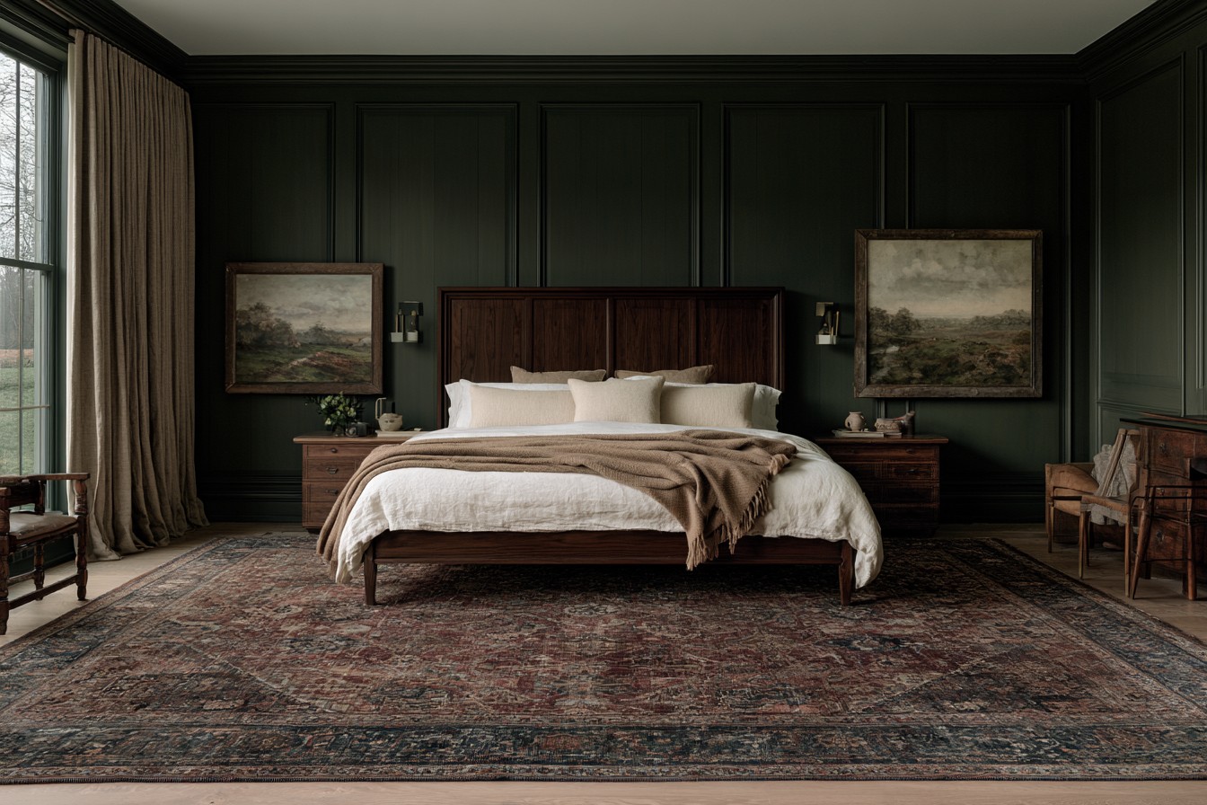Bedroom decorated with deep heritage wall colors