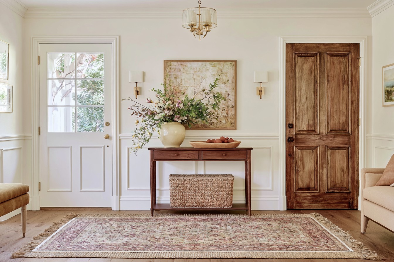 Organized entryway updated with a restrained seasonal arrangement