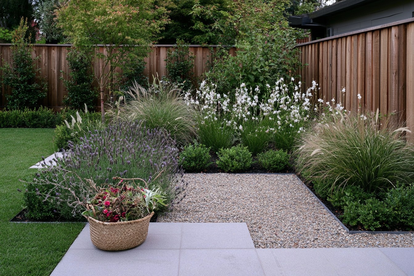 Minimalist garden maintained through planned pruning and surface care