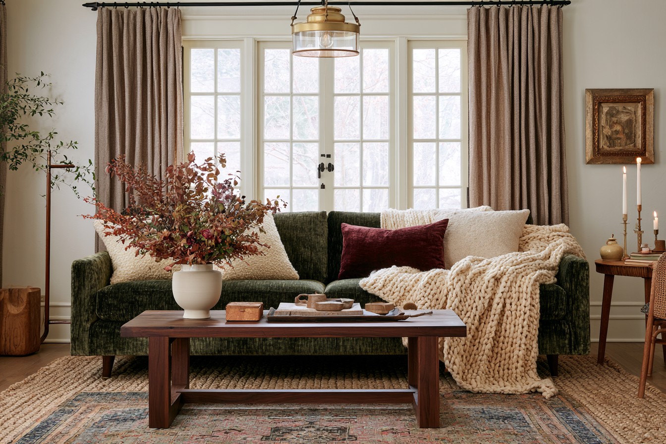 Winter room layered with warm textiles and balanced ambient lighting