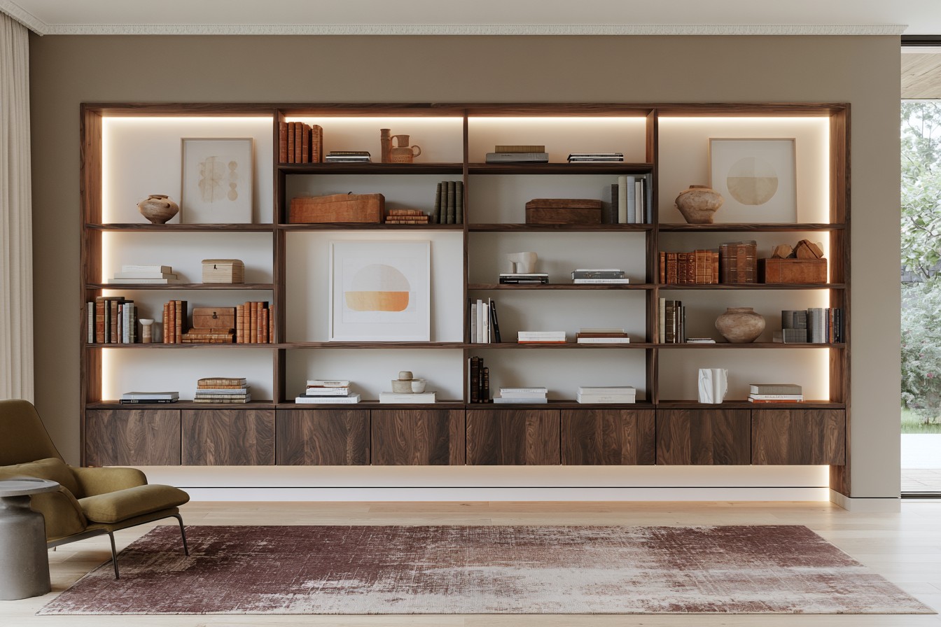 Bookcase highlighted with concealed linear accent lighting