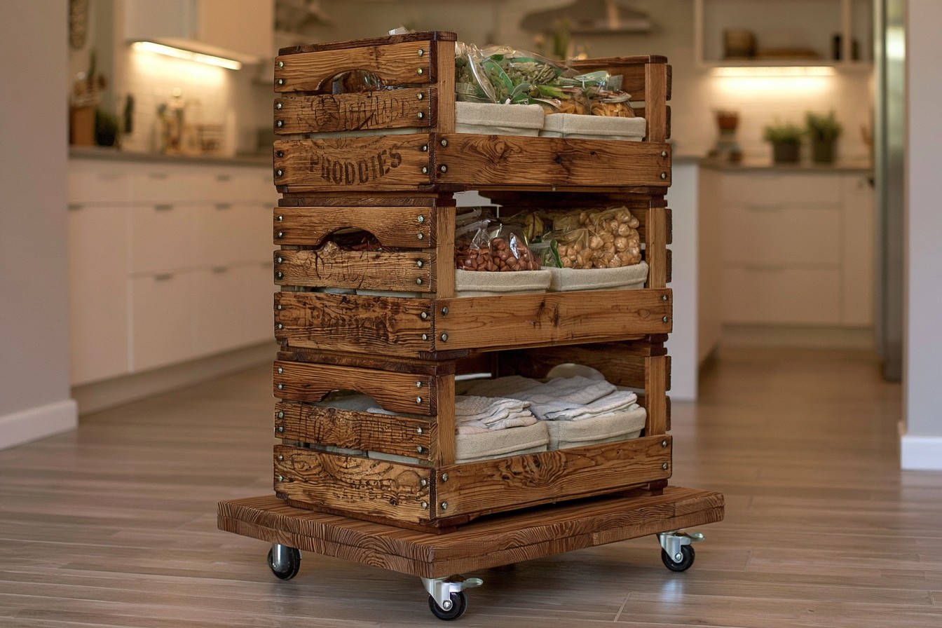 2. Turn Produce Crates Into A Rolling Pantry Cart
