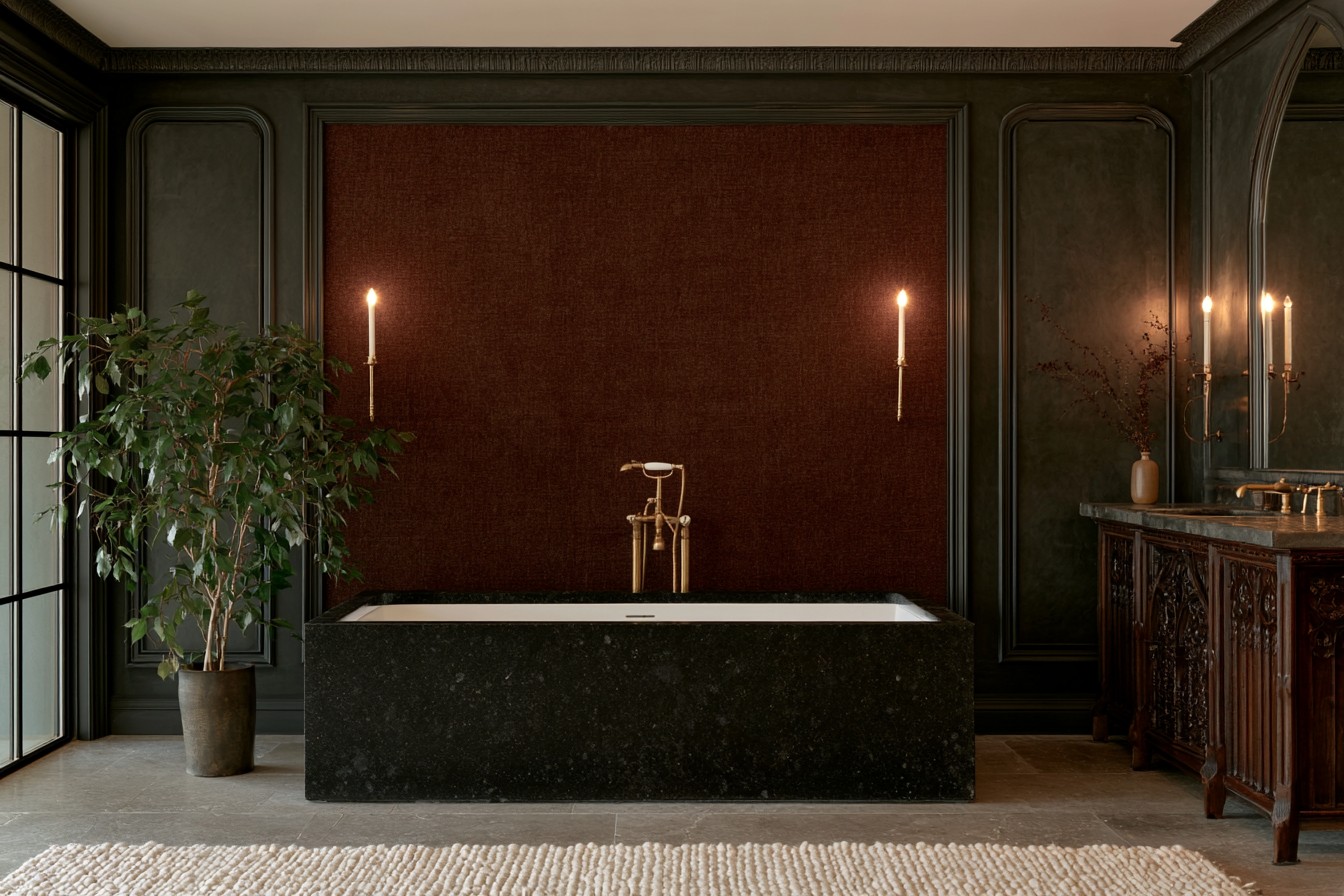 Burgundy and charcoal color scheme in a Gothic bathroom