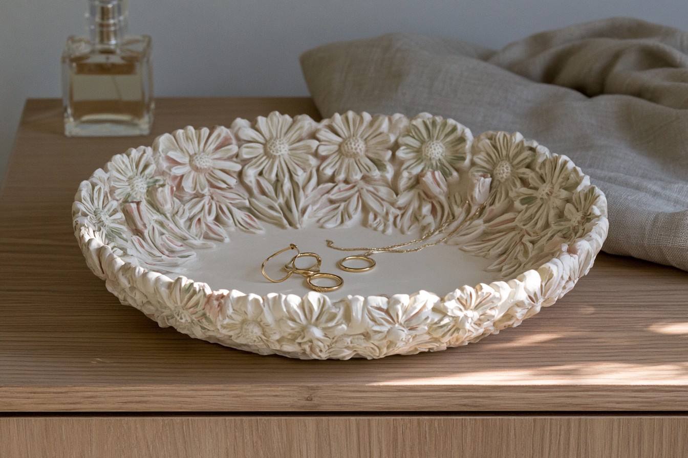3. Floral Carved Plaster Jewelry Dish