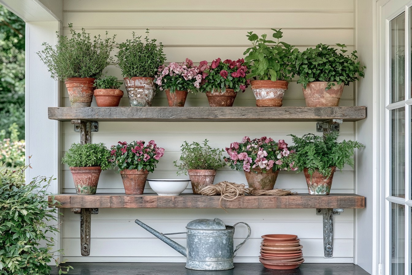 Reclaimed timber shelves mounted securely on a garden veranda wall
