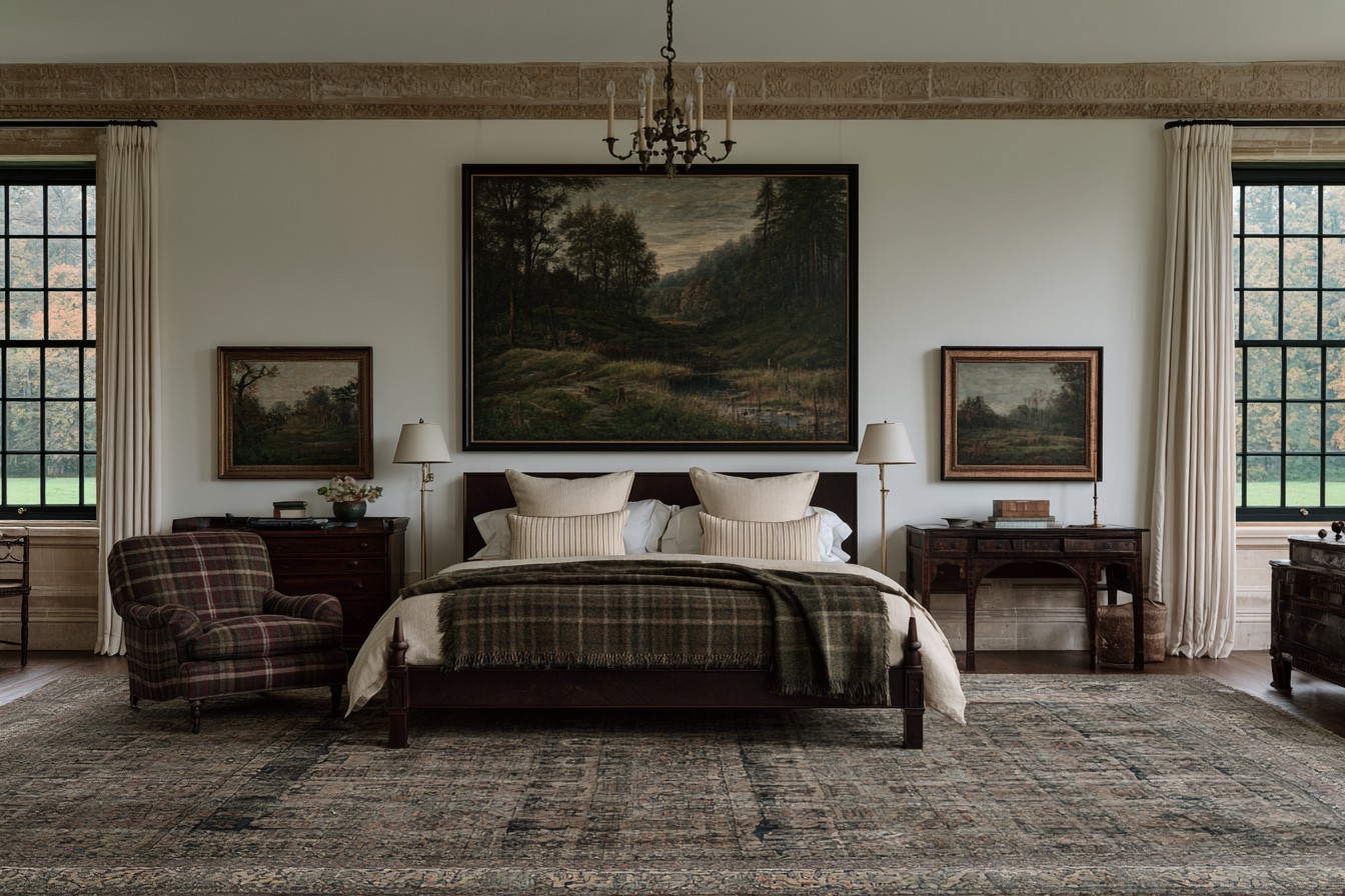 Plaid and herringbone textiles in an old-money bedroom