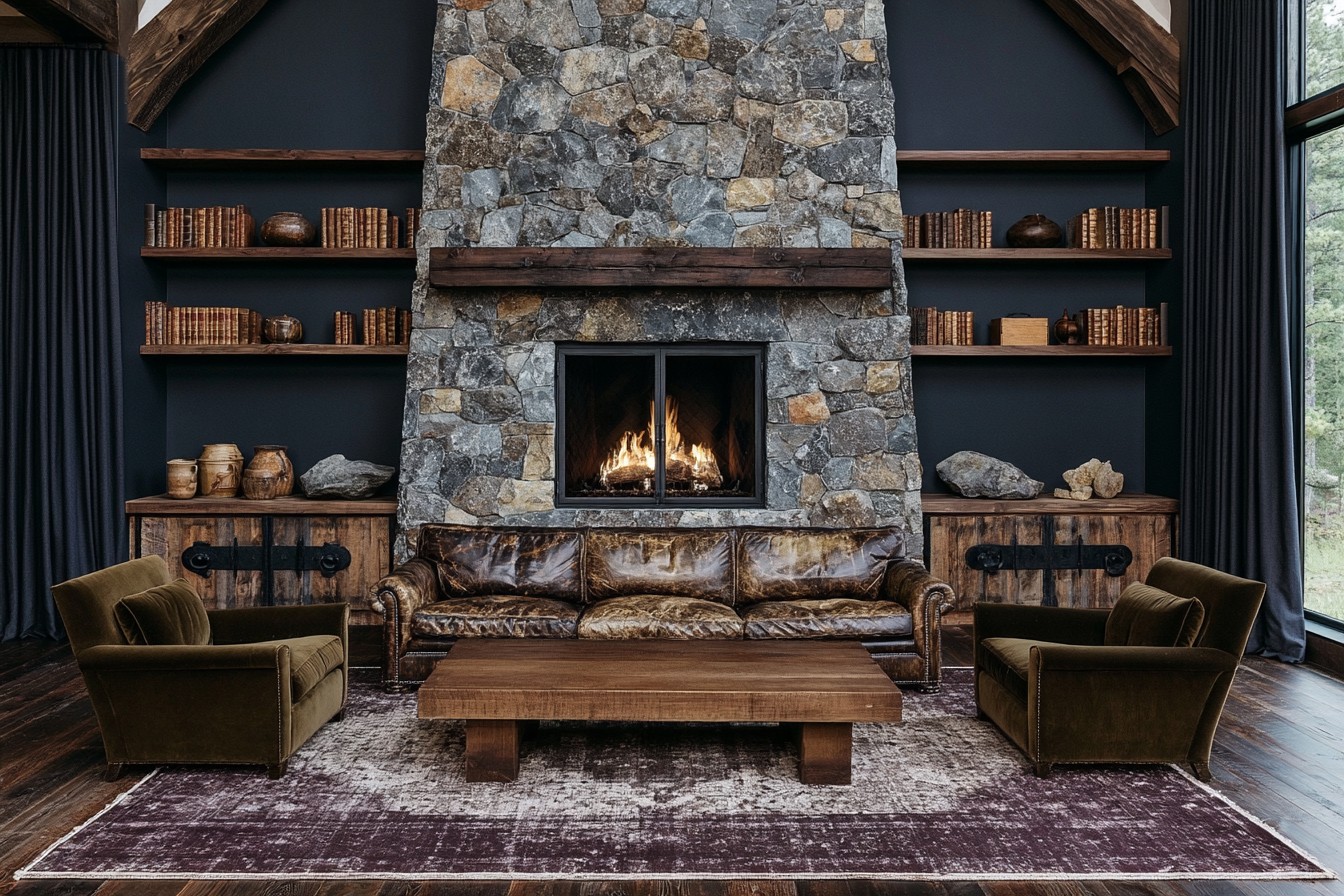 Western Gothic living room combining stone and warm timber