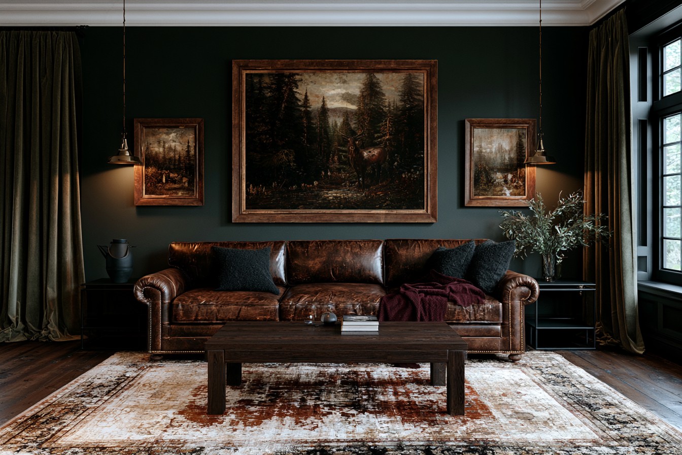 Western Gothic living room arranged around a dark leather sofa