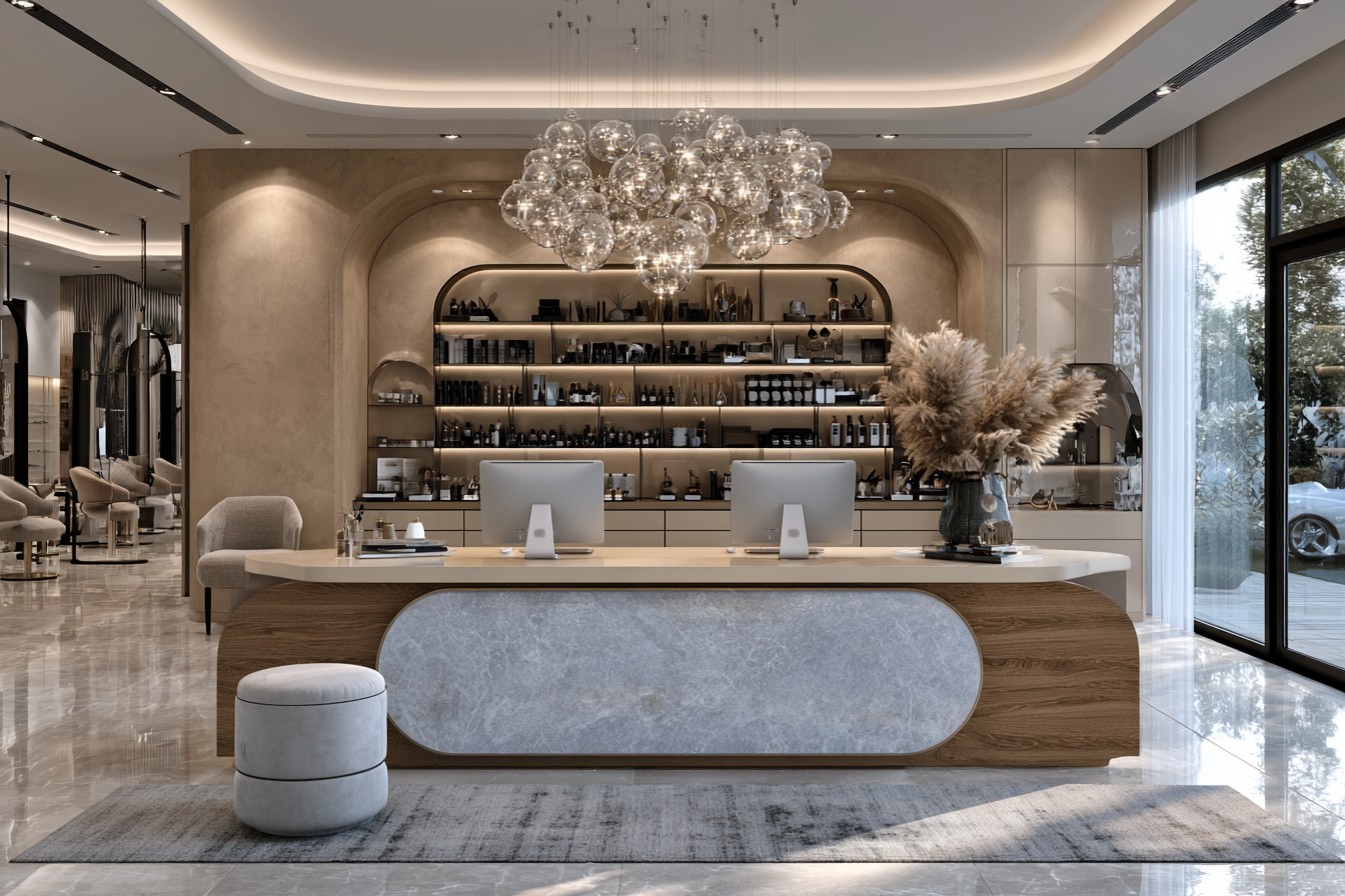Curved beauty salon reception desk with organized client service space