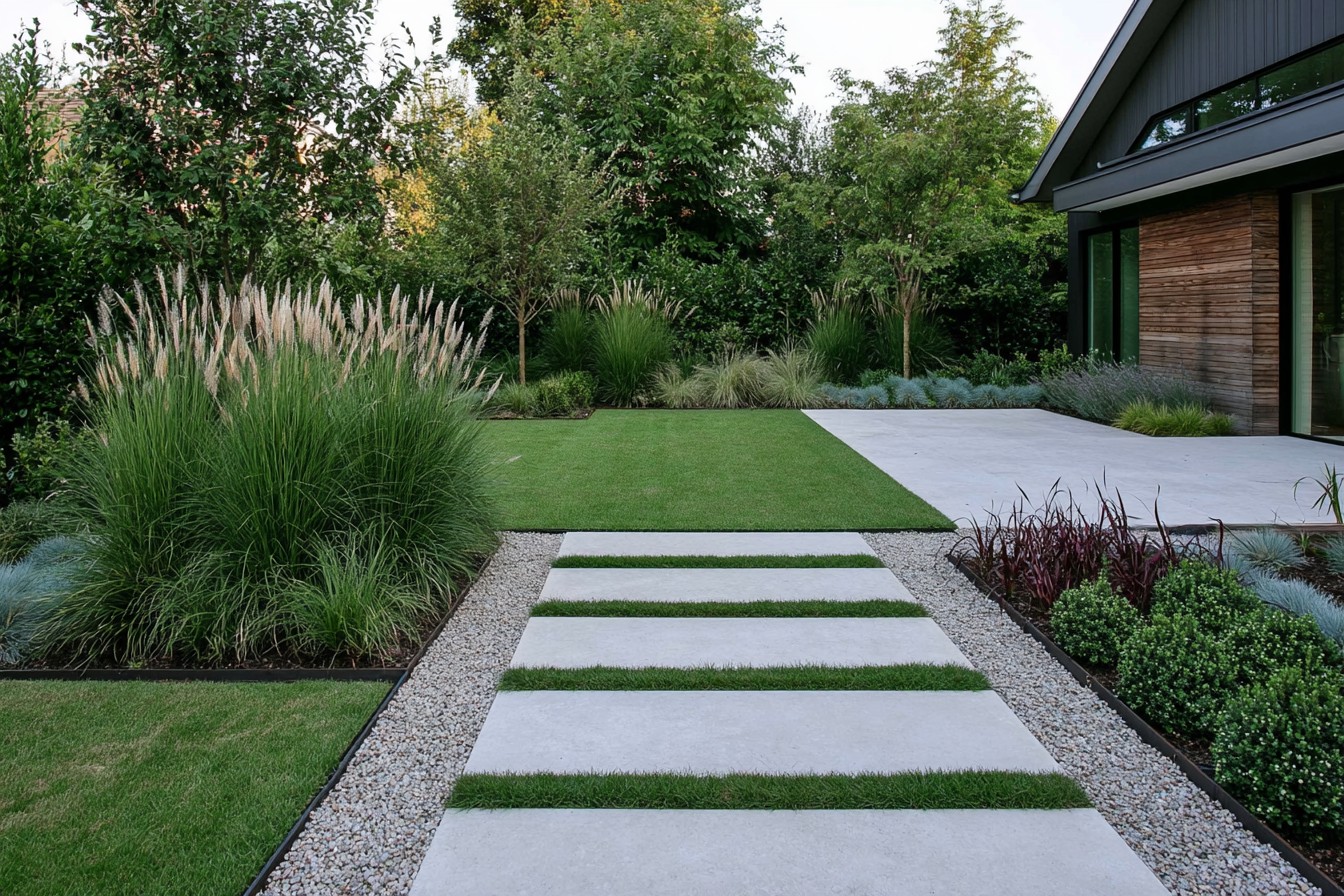 Ornamental grasses adding controlled movement to a minimalist landscape
