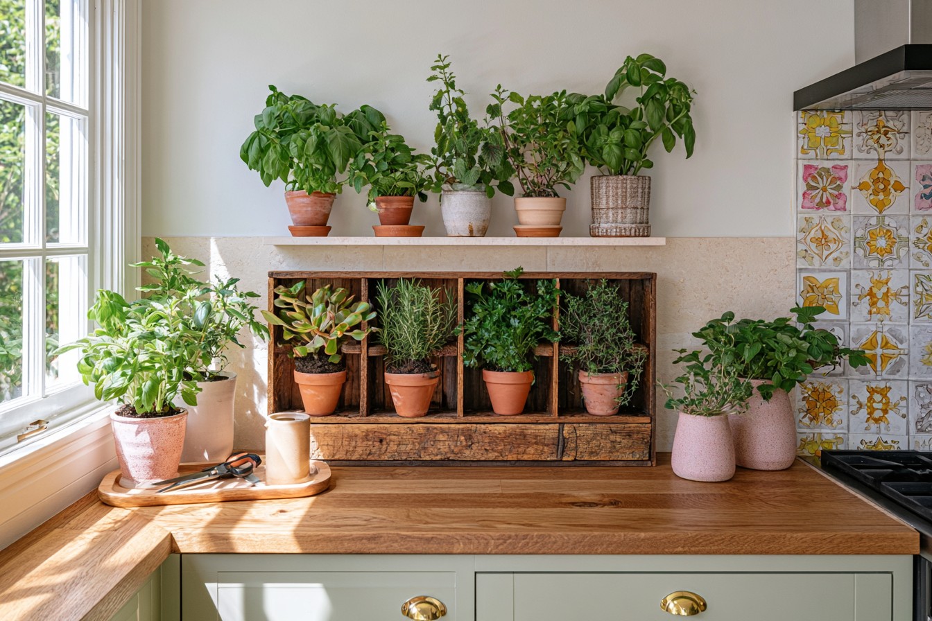 Kitchen herb station positioned near useful light and preparation space