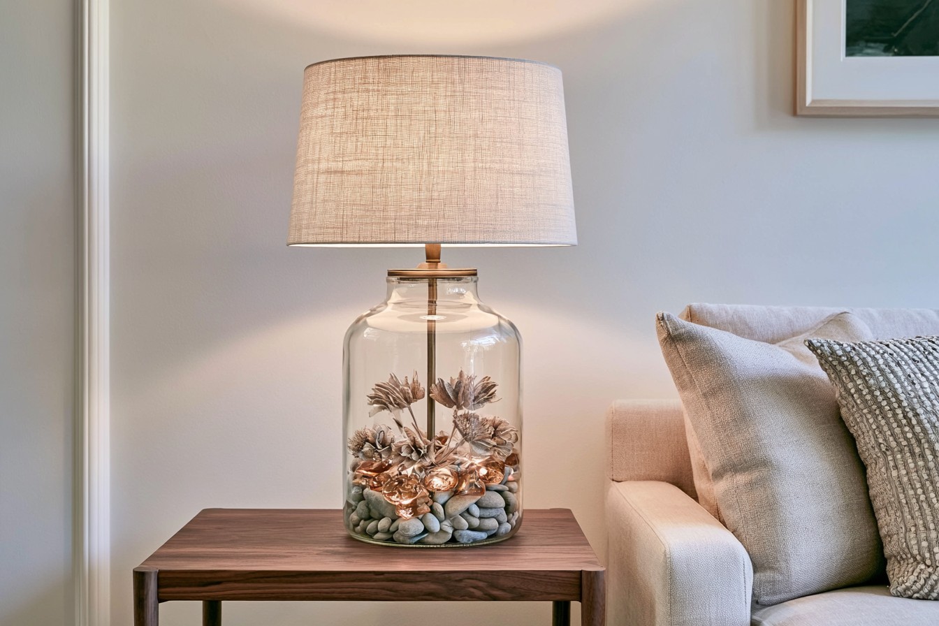 Decorative glass jars arranged safely around a low-heat table light