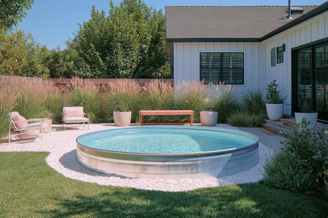 Galvanized stock tank selected for use as a compact backyard pool