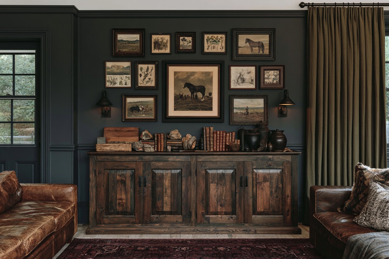 Curated vintage collection corner in a Western Gothic living room