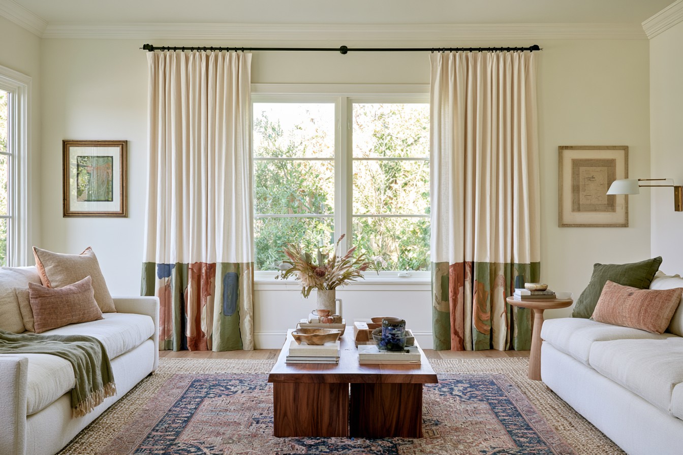Plain curtains customized with a hand-painted fabric pattern