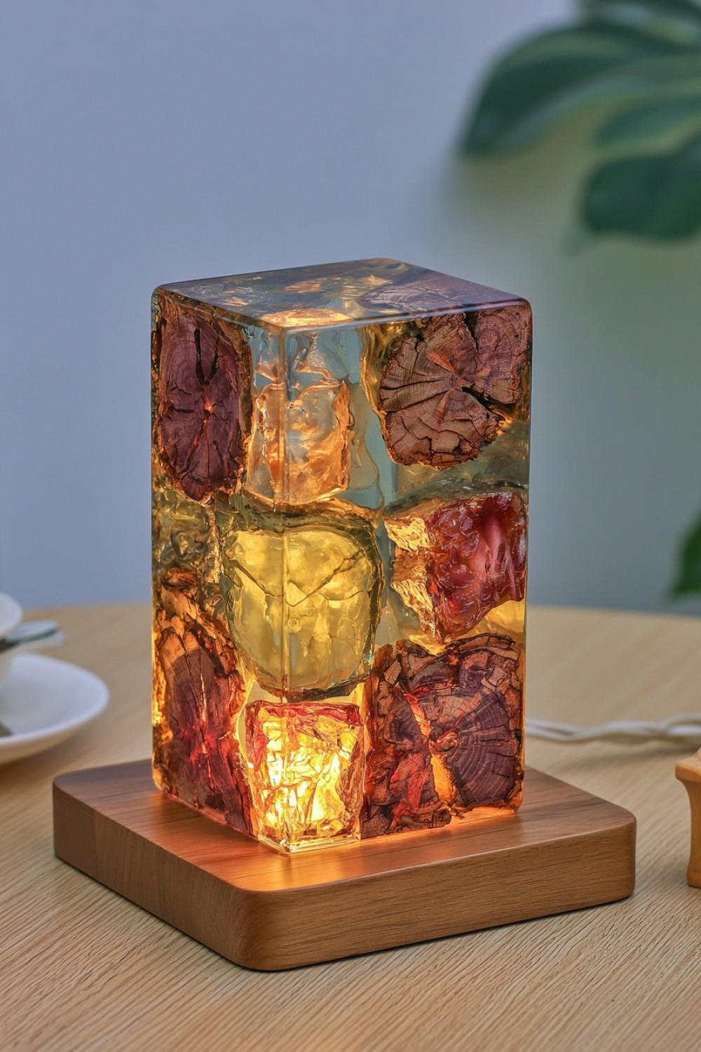 2. Wood And Resin Glow Block Lamp