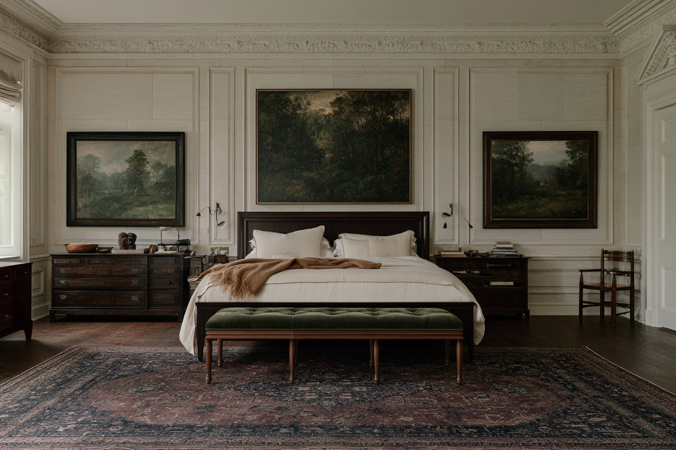 Traditional upholstered bench positioned at the foot of a bed
