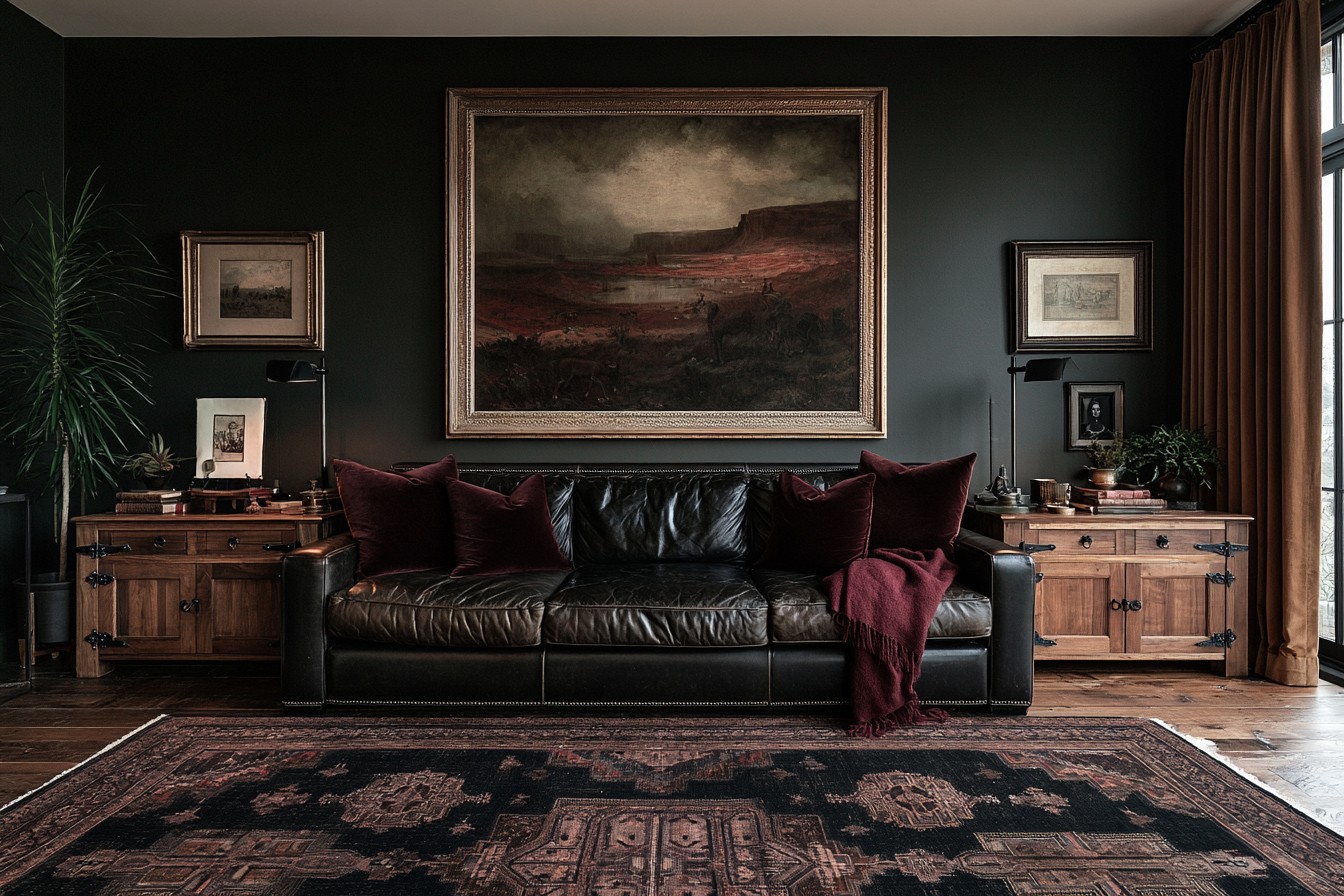 Western Gothic living room with restrained burgundy accents