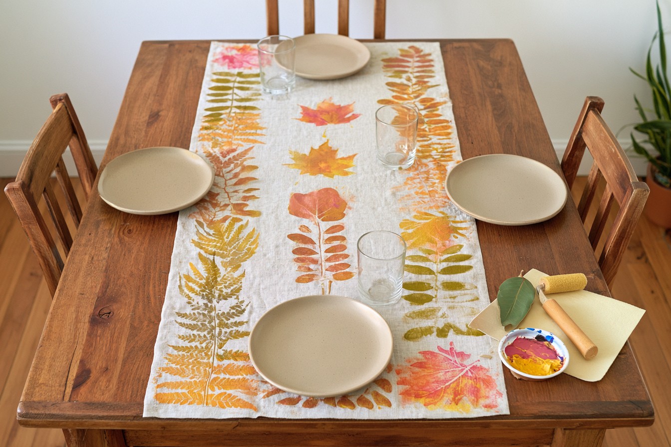 3. Design a Leaf-Printed Linen Tablecloth