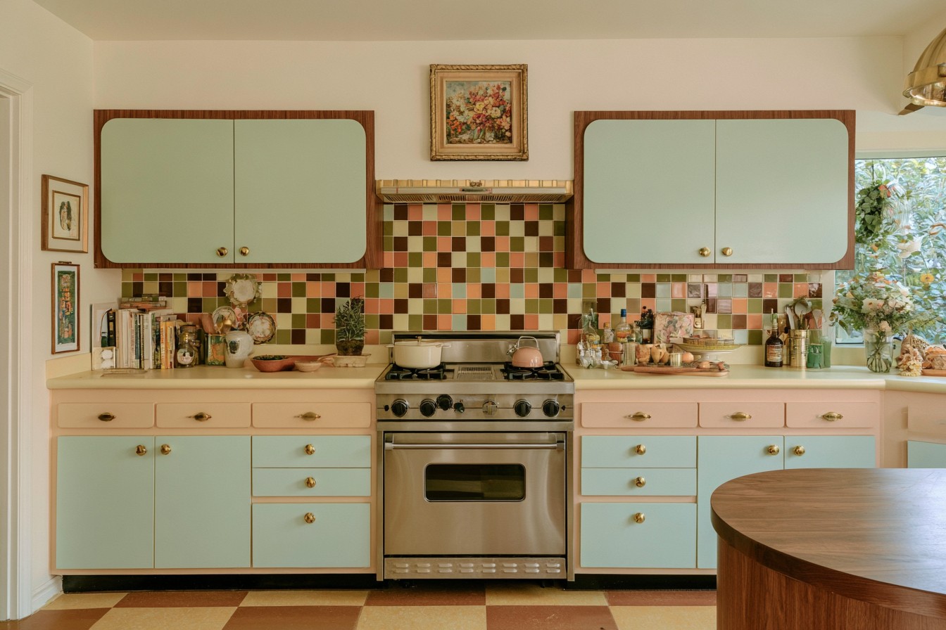 Retro 1970s kitchen with modern organized cabinet storage