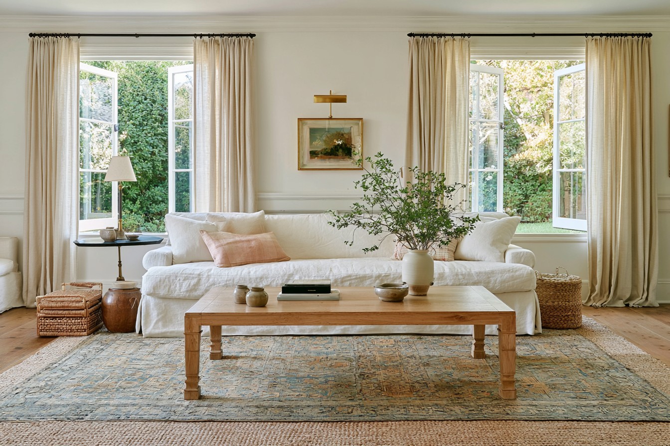 Airy summer room arranged with lightweight textiles and controlled daylight