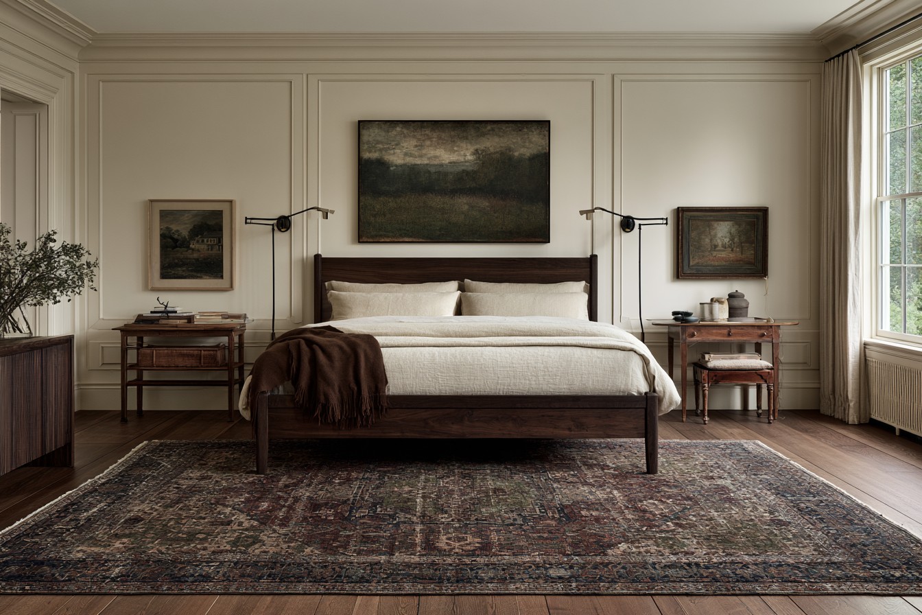 Heritage patterned rug beneath traditional bedroom furniture