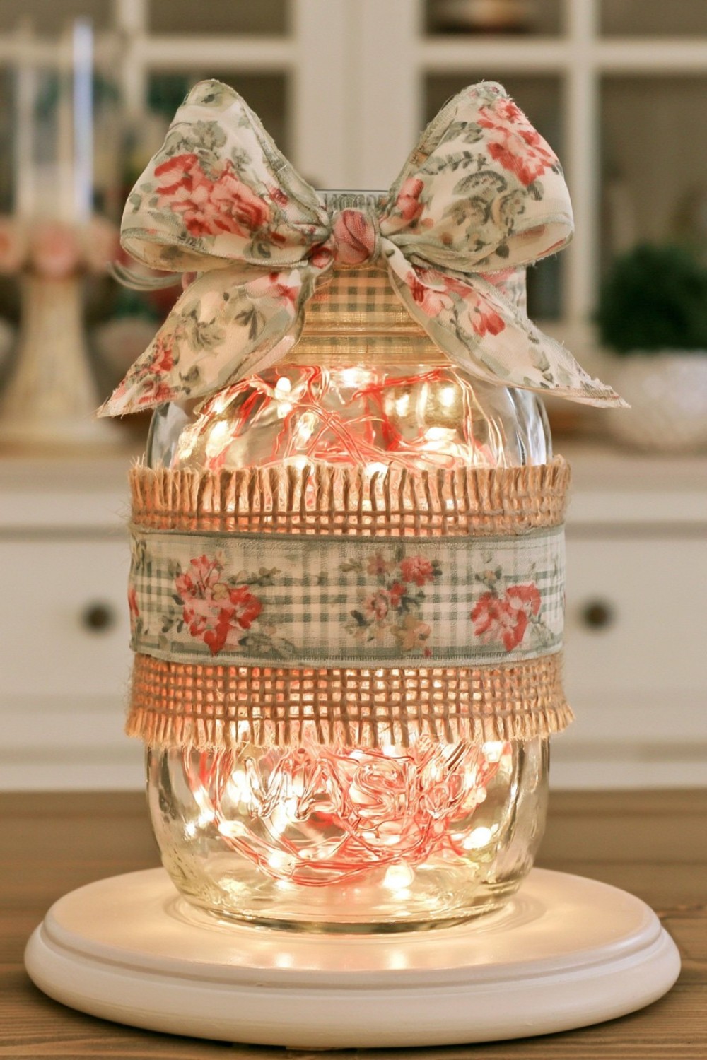 11. Burlap And Ribbon Mason Jar Light