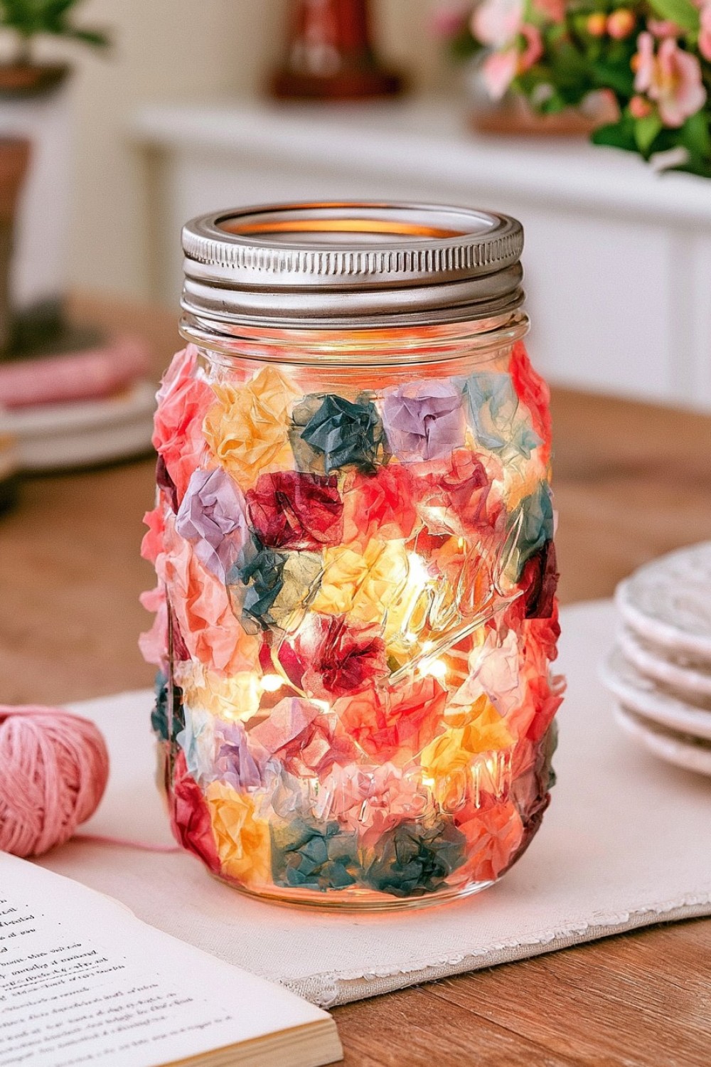 8. Colorful Tissue Paper Mason Jar Light