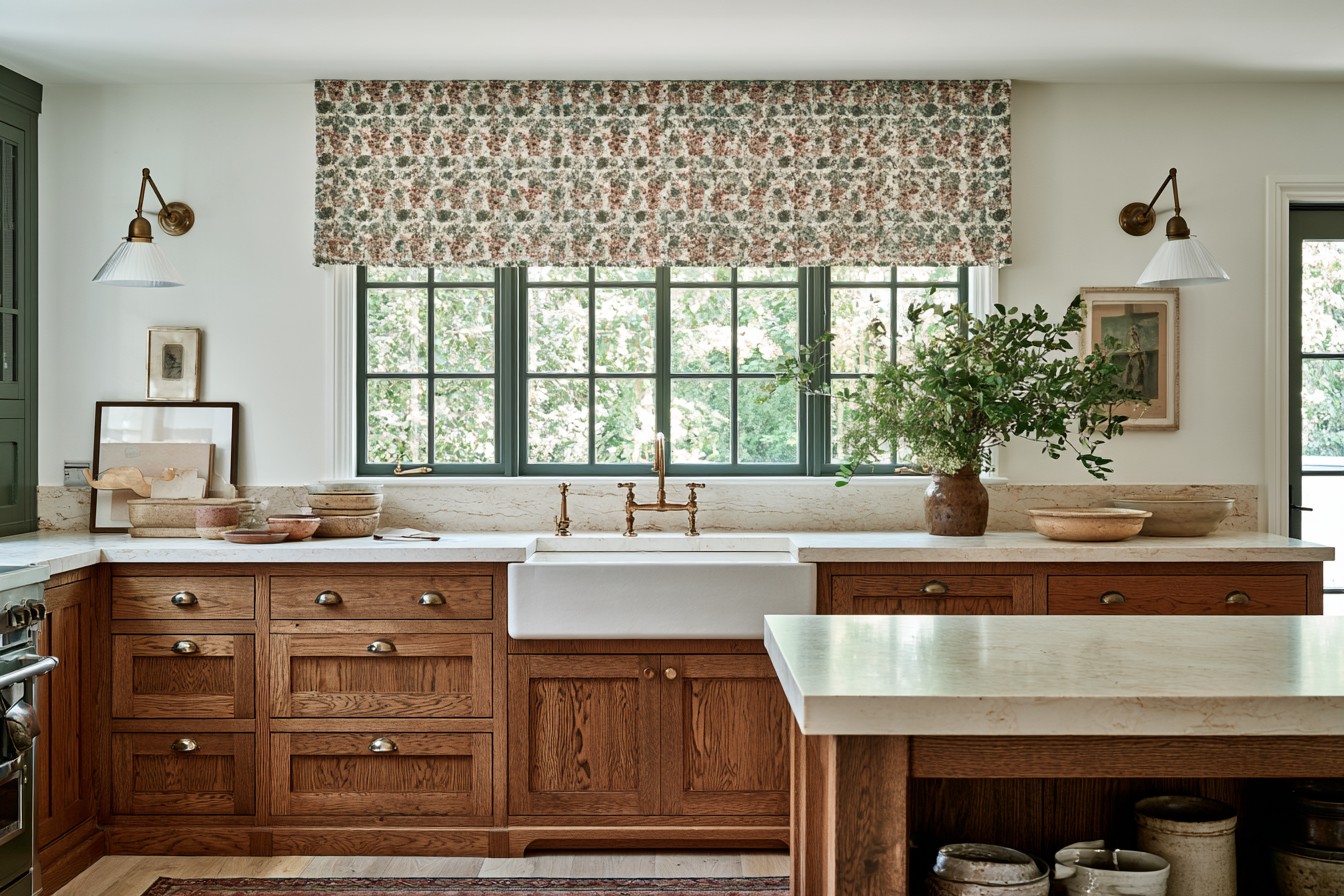 Vintage textile repurposed as a neatly finished café curtain
