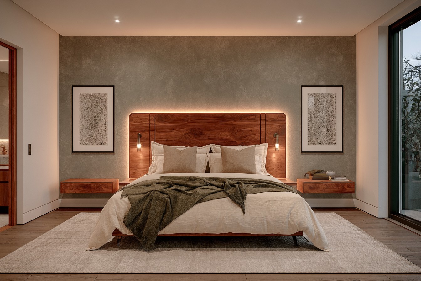 Soft indirect bedroom lighting positioned behind a secure headboard