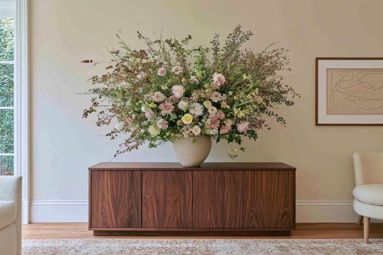 Seasonal cut flowers arranged as a restrained indoor focal point