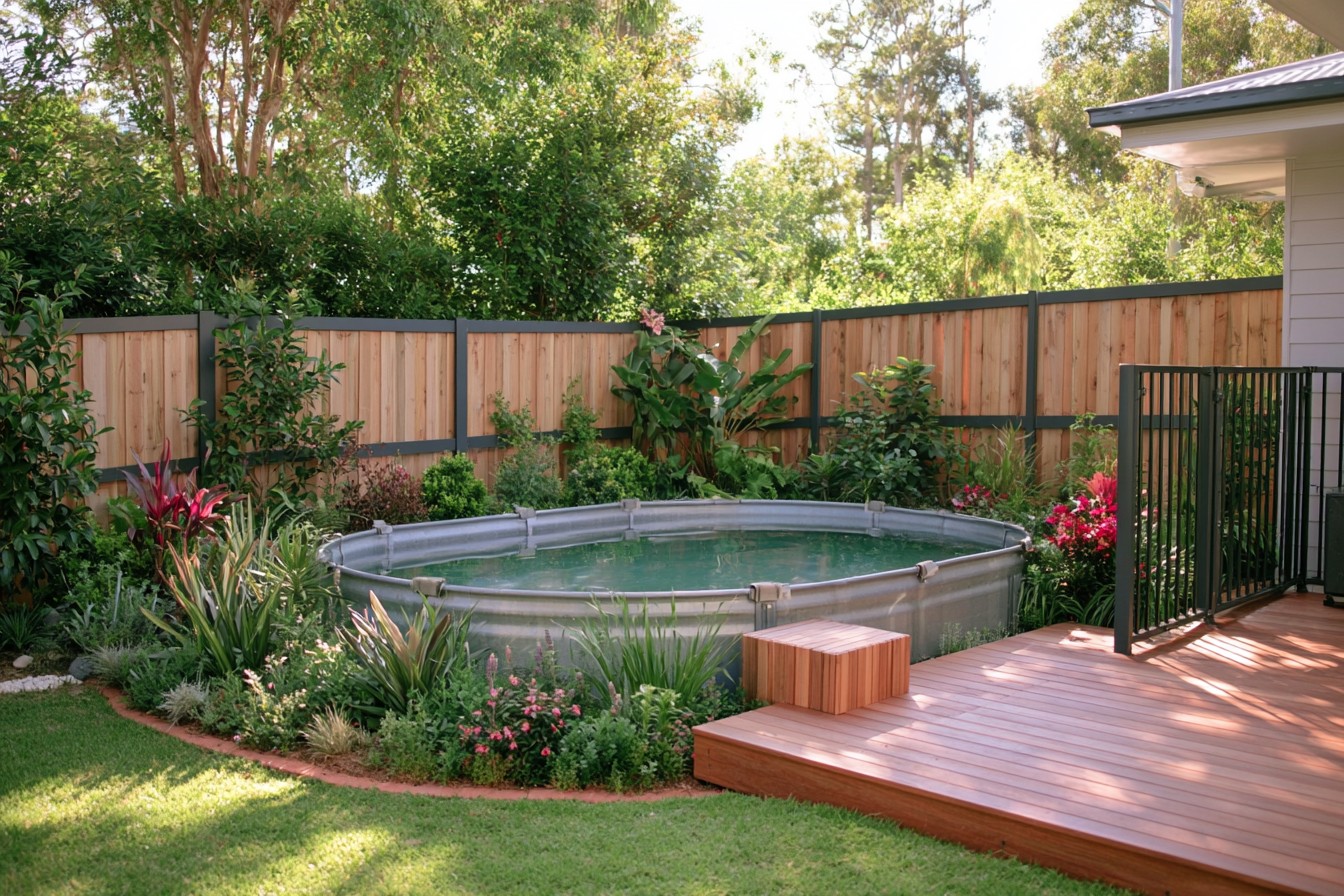 Stock tank pool protected by controlled access and a fitted safety cover