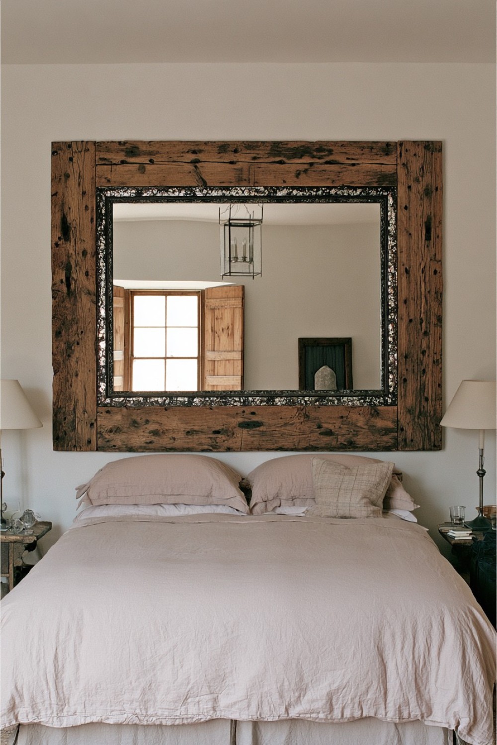 14. Reclaimed Wood Frame Mirror Headboard