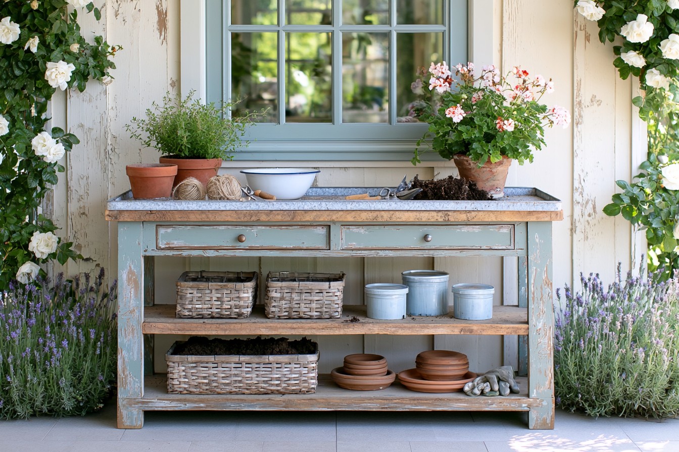 Vintage-style potting table with organized garden supplies