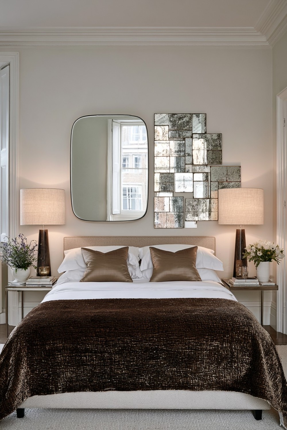 13. Asymmetrical Mirror Headboard Design