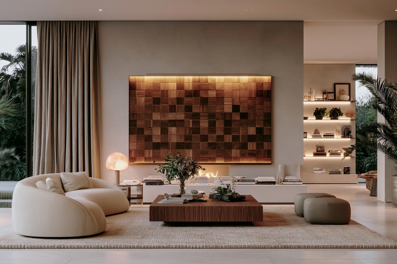 Living room illuminated with ceiling wall table and floor fixtures