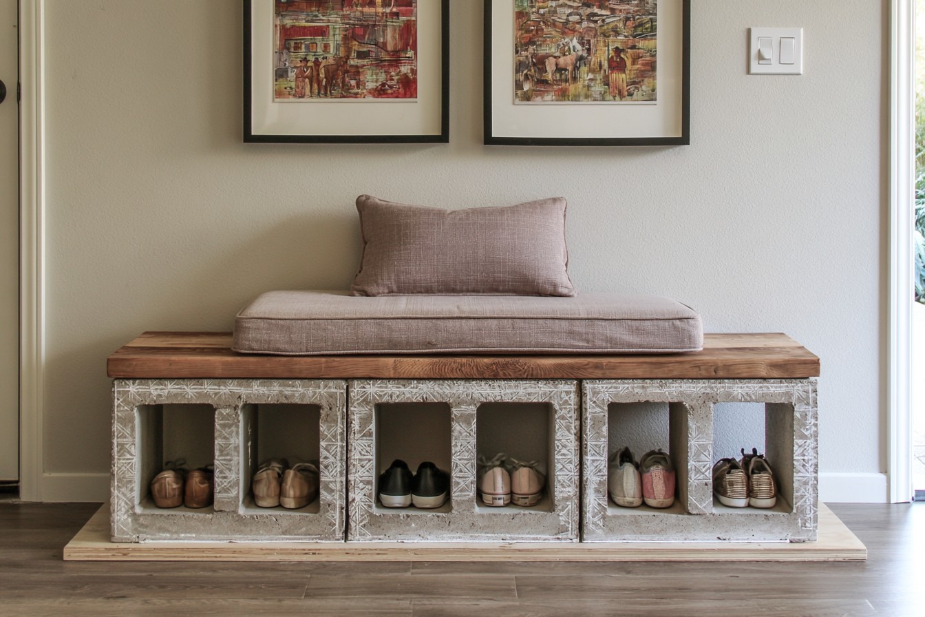 7. Make A Cushioned Entryway Shoe Bench