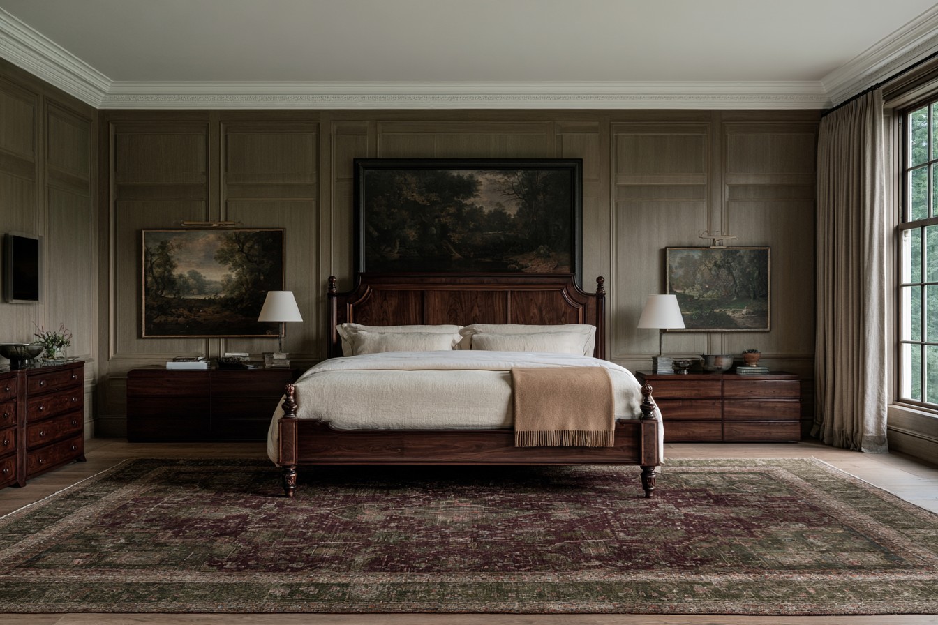 Traditional walnut bed in an old-money bedroom