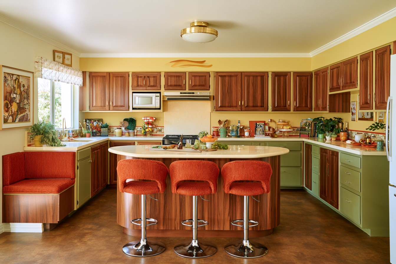 Retro kitchen seating upholstered in burnt orange