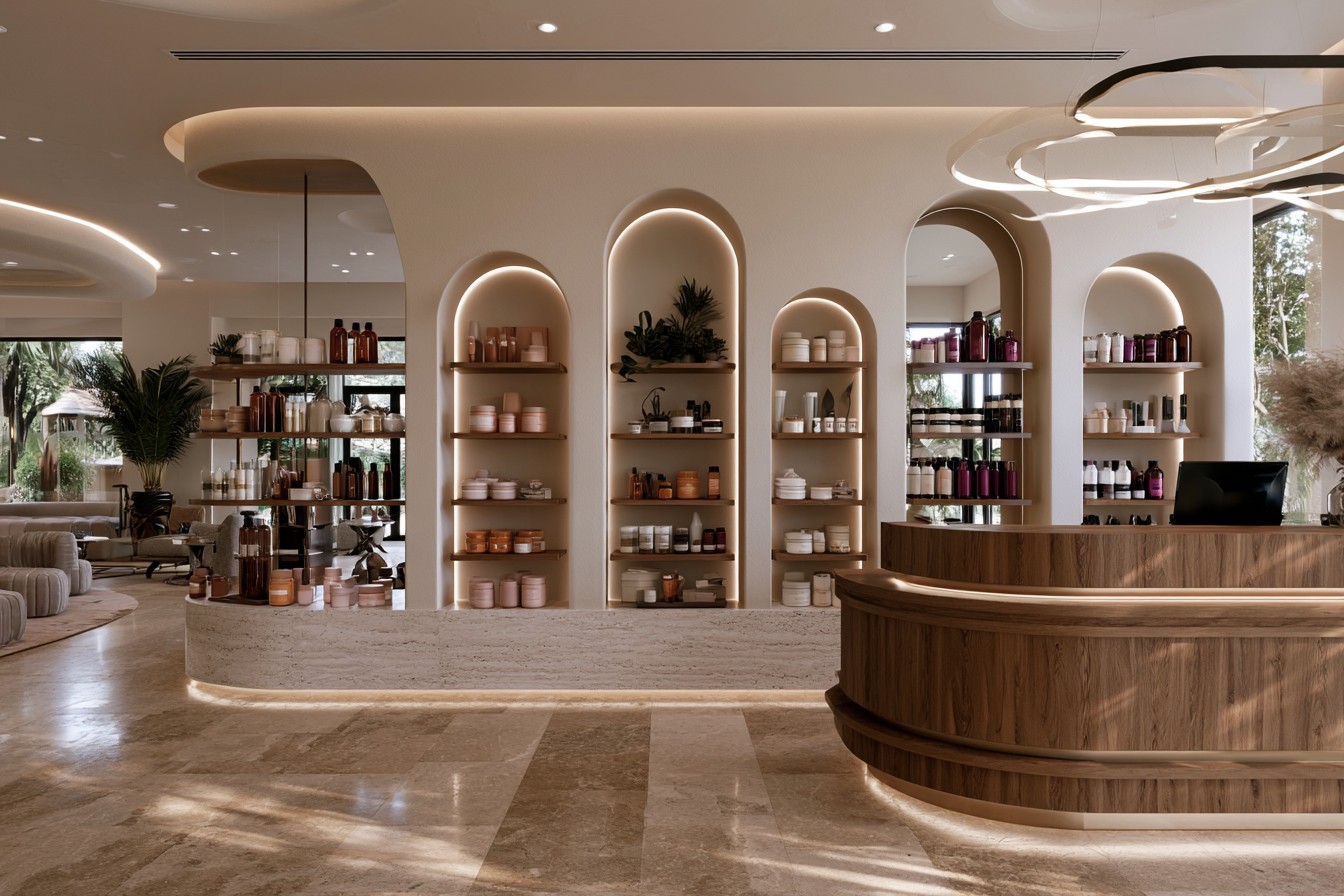 Beauty salon product display arranged within curved wall niches