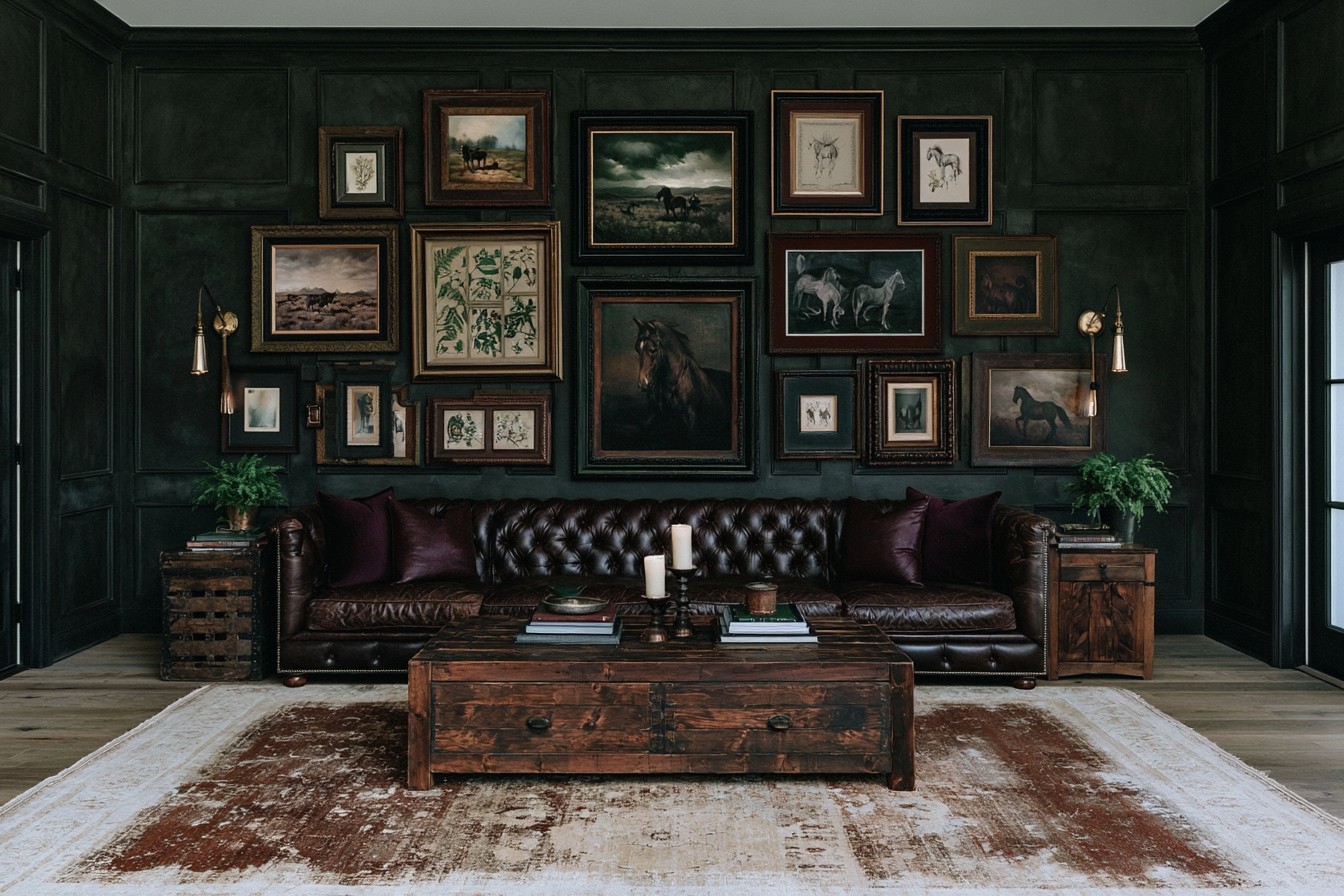 Dark Western Gothic gallery wall with mixed vintage frames
