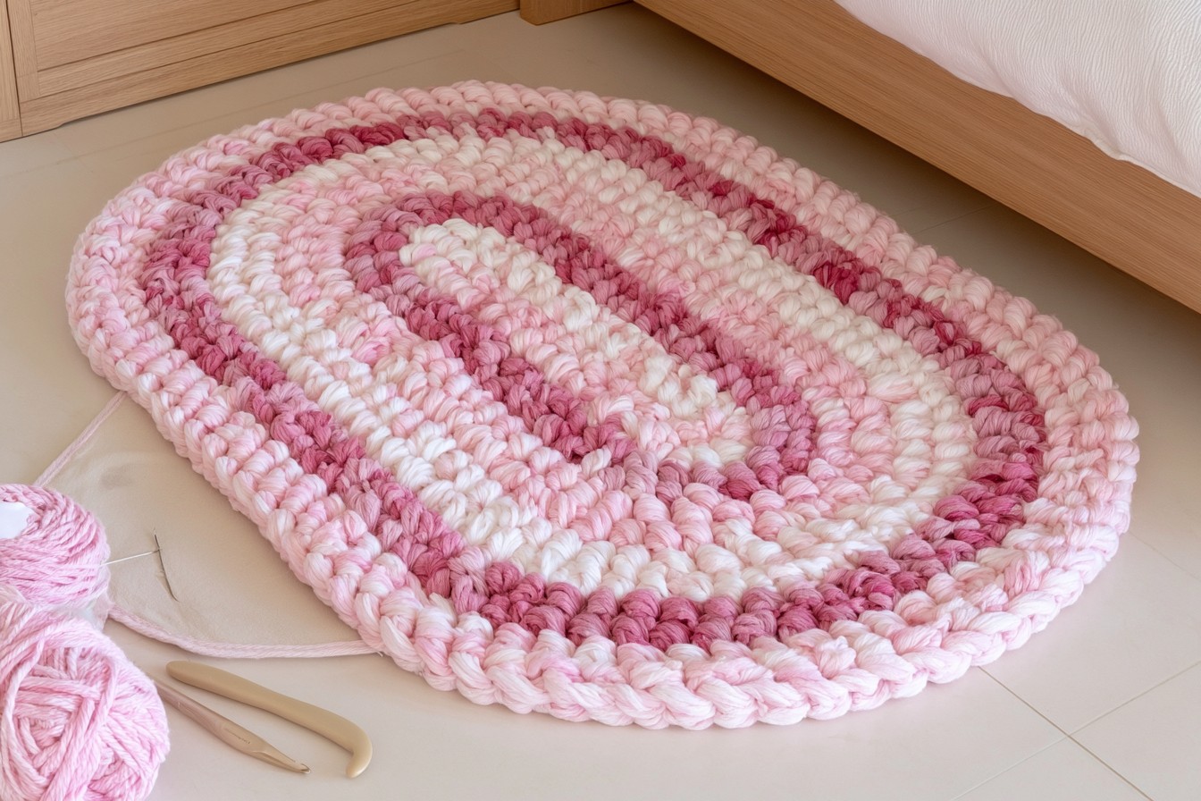 7. Make a Pink Crochet Rug with a Non-Slip Backing