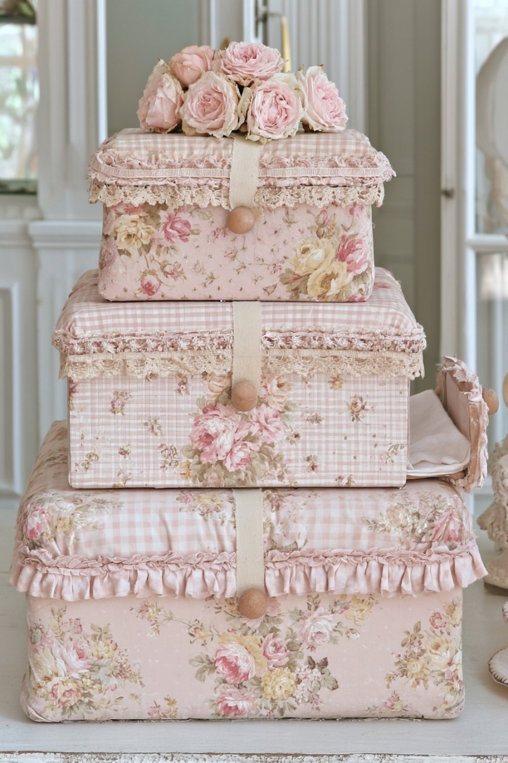 4. Floral Fabric Covered Storage Boxes