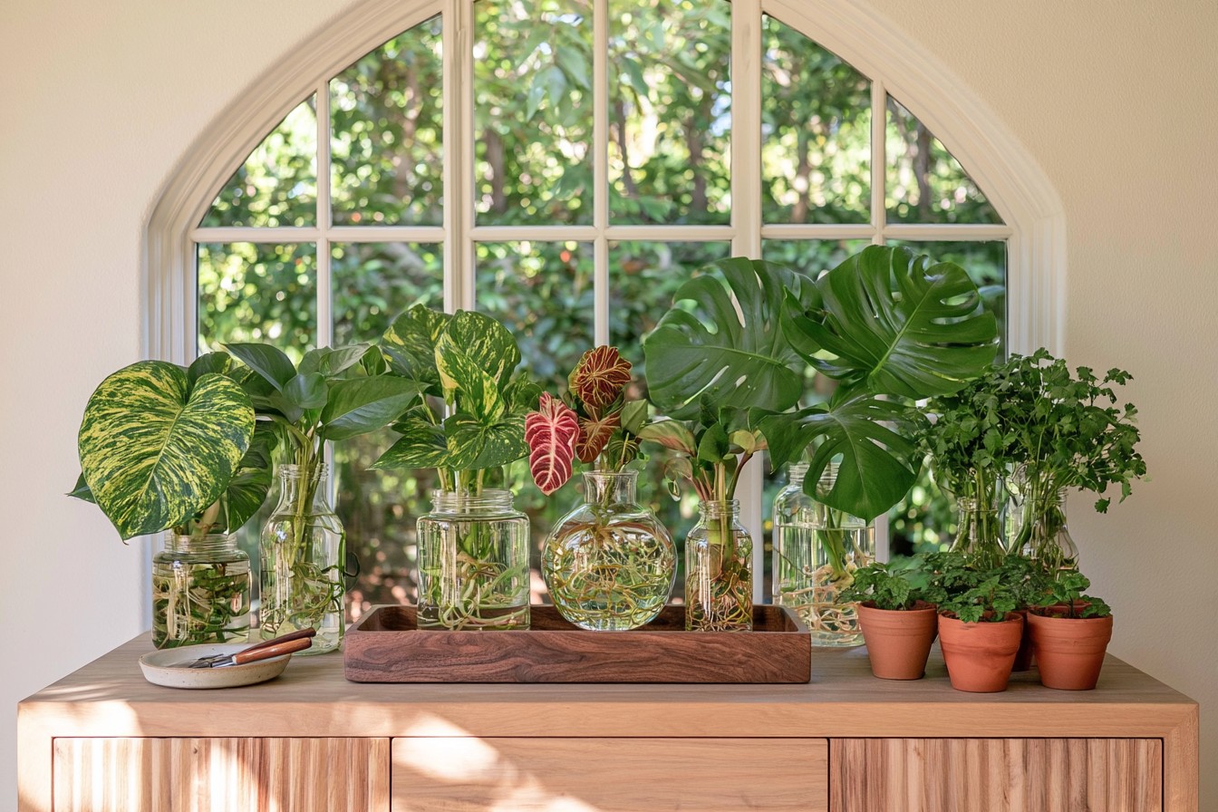 Labeled plant cuttings arranged in clean propagation vessels