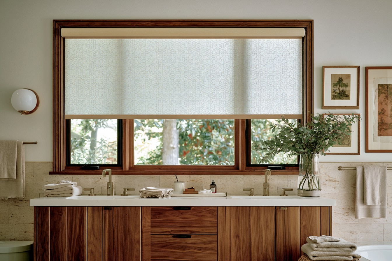 Moisture-resistant bathroom window covering providing daylight and privacy